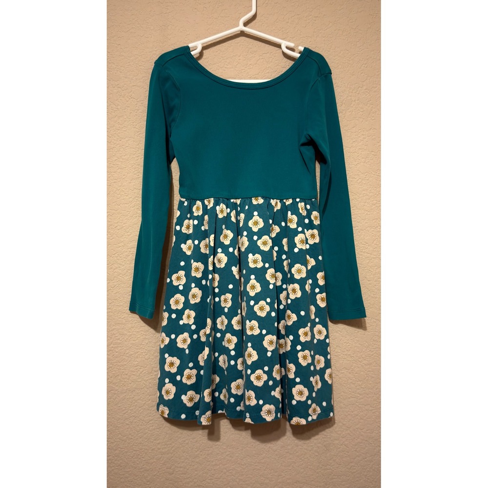 Tea Collection Girls Teal Green Floral Polka Dot Long Sleeve Skater Dress Size 6